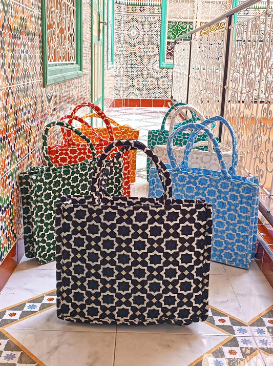 Handmade Moroccan Tote Bag with Zellij Tile Design, Large Durable Tote for Everyday Use, Unique Cultural Gift, Eco-Friendly Beach Bag