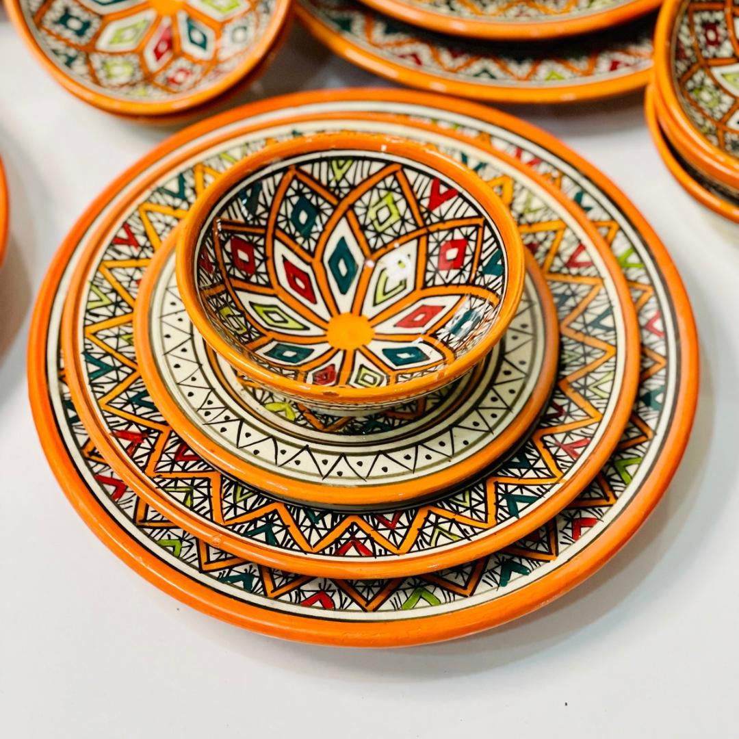 Authentic Moroccan Hand Painted Ceramic Dinnerware Set, Orange Handmade Serving Set, Tableware Collection, Dinnerware Set