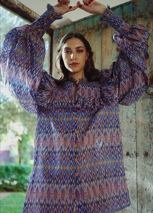 Matteo’S Shirt Oversize Collarless Blue Print