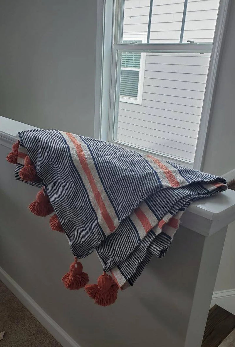 FREE Shipping-Navy + Cream + Orange - Pom Blankets-Bed Spread-Moroccan Throw -Cotton Moroccan Bedding-Throw Blankets-Berber Moroccan Decor.