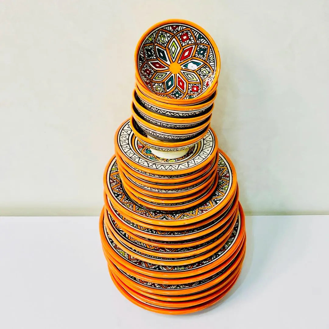Authentic Moroccan Hand Painted Ceramic Dinnerware Set, Orange Handmade Serving Set, Tableware Collection, Dinnerware Set