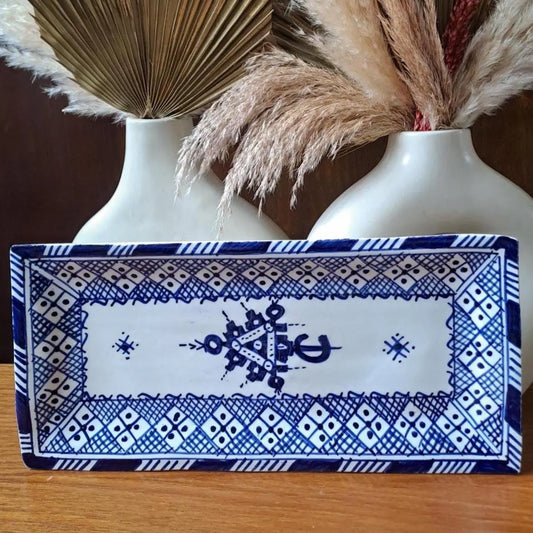 Hand-Painted Moroccan Rectangular Ceramic Dish – Blue & White Serving Plate, Tapas Tray, Tableware, Boho Kitchen Decor