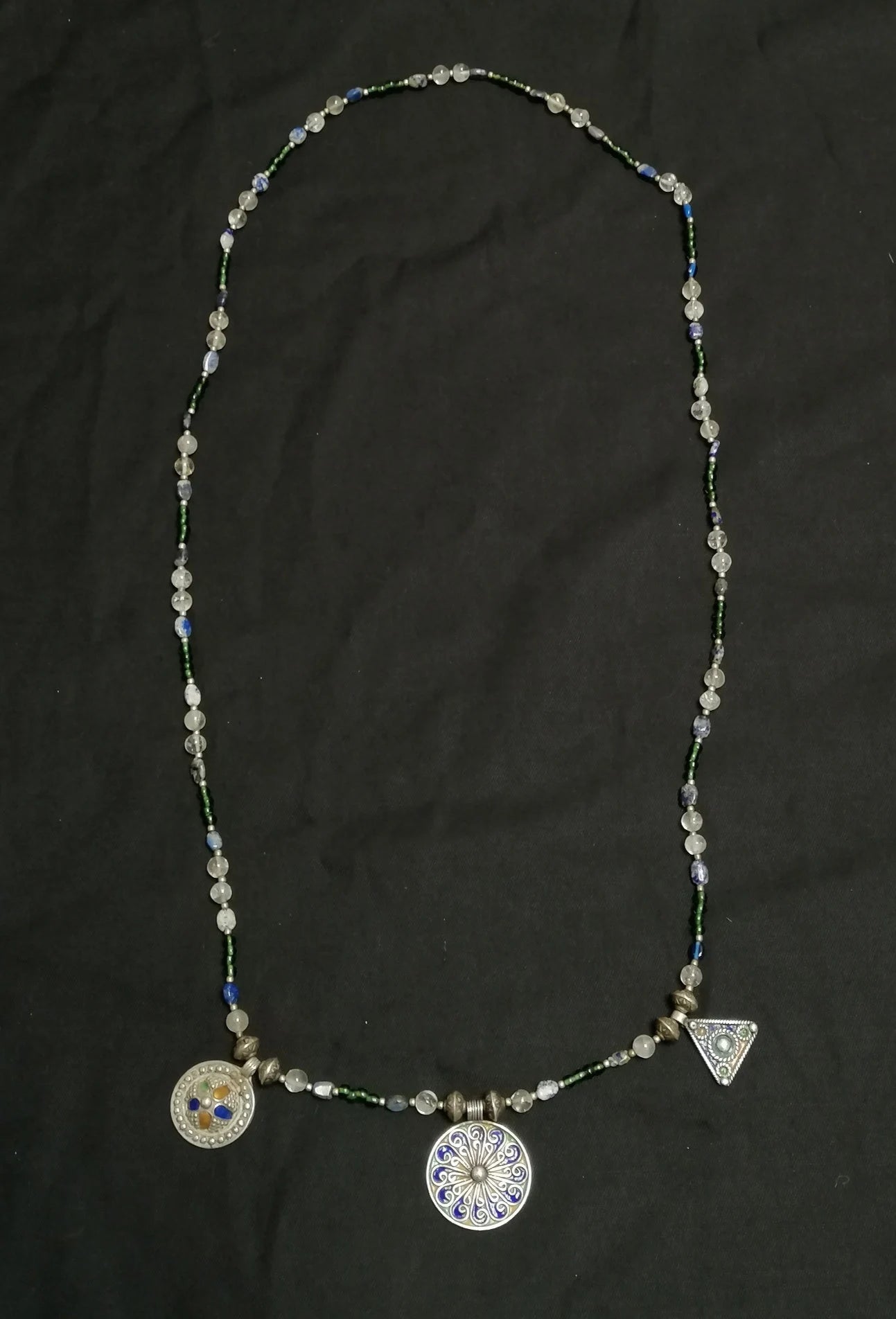 Long Single Strand Glass and Stone Beads with 3 Berber Enamel Amulets