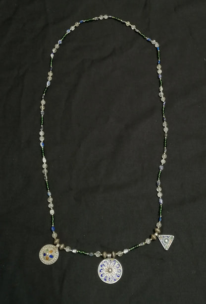 Long Single Strand Glass and Stone Beads with 3 Berber Enamel Amulets