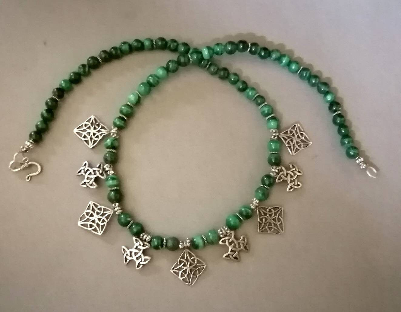 Berber Necklace in Malachite Pearls and Nine Small Old Sterling Silver Pendants. Berber Jewelry. Jewish Amulets. Berber Necklace