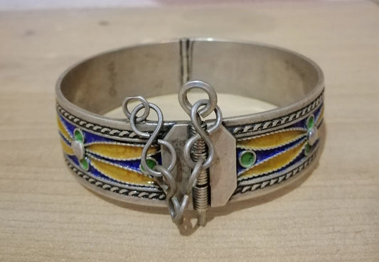 Modern Moroccan Sterling Silver and Enamel Hinged Bracelet