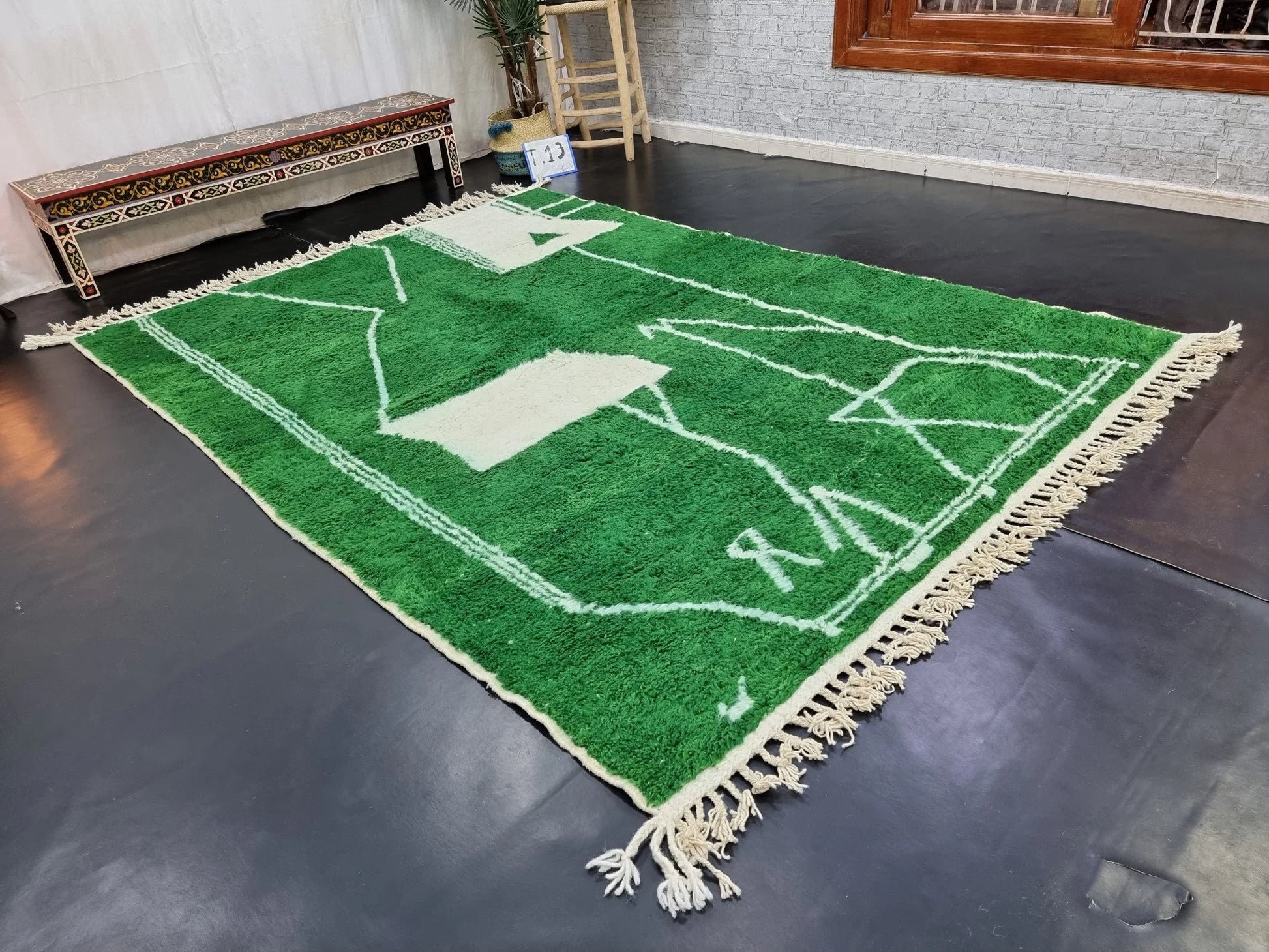 Exquisite MOROCCAN PINE RUG: Handmade Beni Ourain Wool Rug in Clover Green, Abstract Neutral Design, Elegant Berber Unique Greenish Carpet