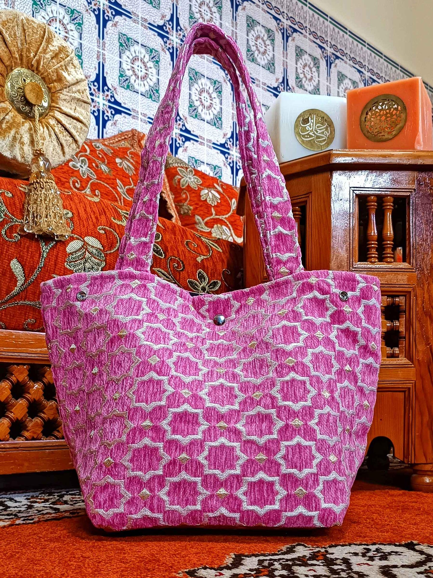 Moroccan Handmade Tote Bag | Everyday Durable Wool Handbag | Handmade Fashion Tote for Work & Outings | Stylish Moroccan Tile Design
