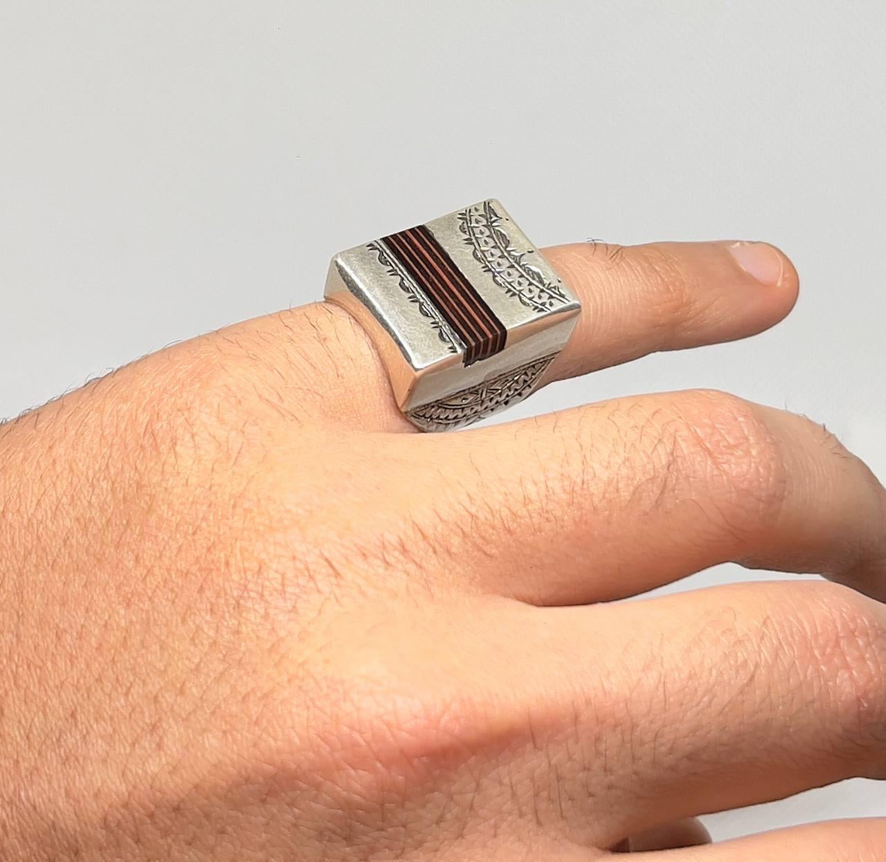 Vintage Berber Sterling Silver Ring, Handmade Tuareg Ring Silver Sterling with Sahara Ebony Wood, Moroccan Jewelry, Gift for Him Size 11 US