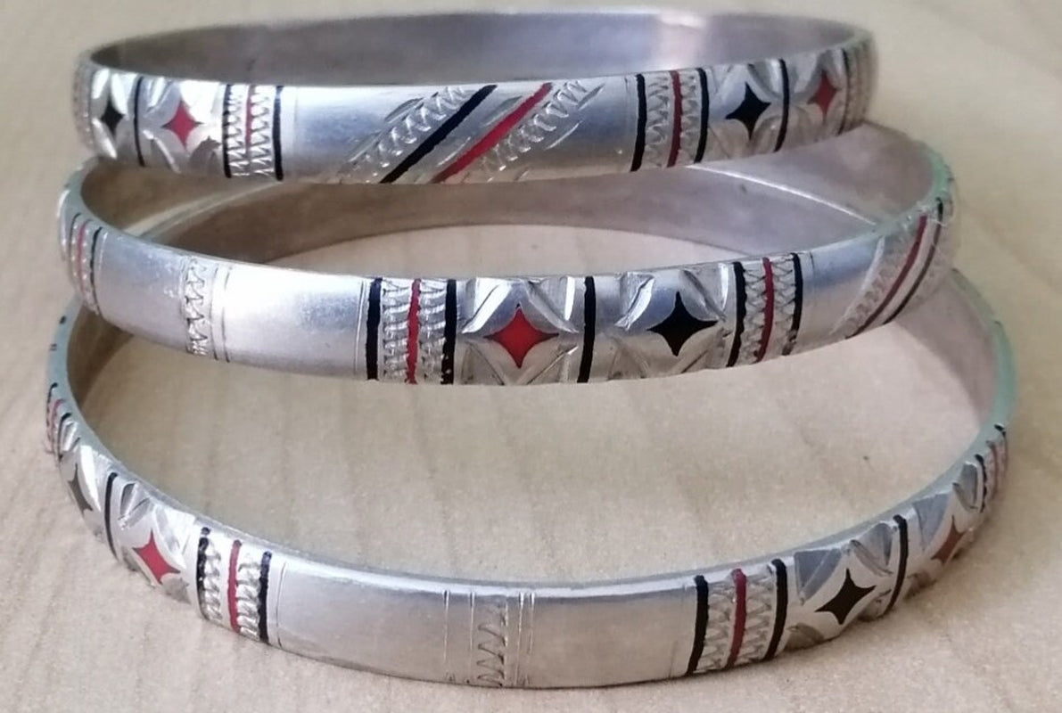 Set of 3 Tuareg Silver Bangles with Decorative Enamel
