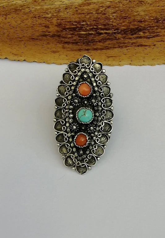 Vintage Oval Silver Ring with Coral & Turquoise