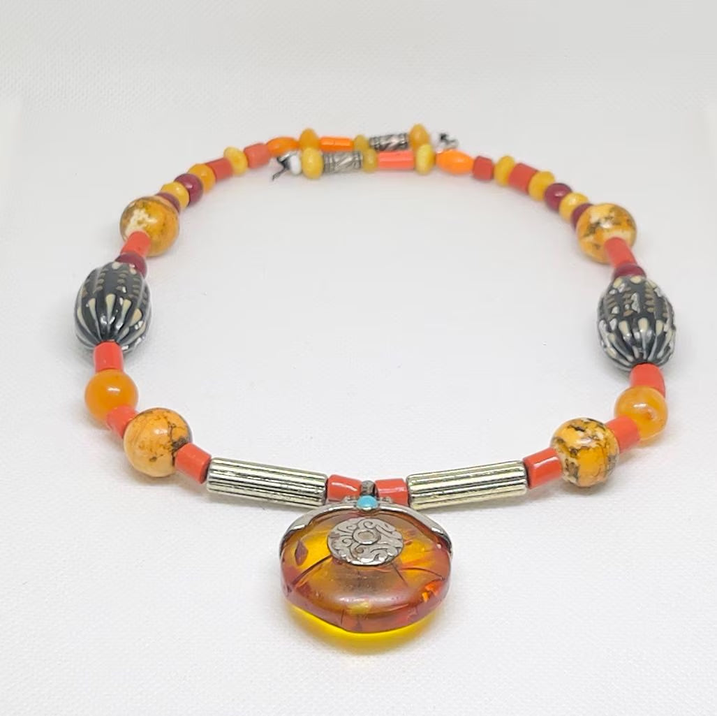 Vintage Bohemian Necklace - Antique Amber Coral Bead - Boho Pendant Necklace - Tribal Beaded Necklace - Gift for Her or Him