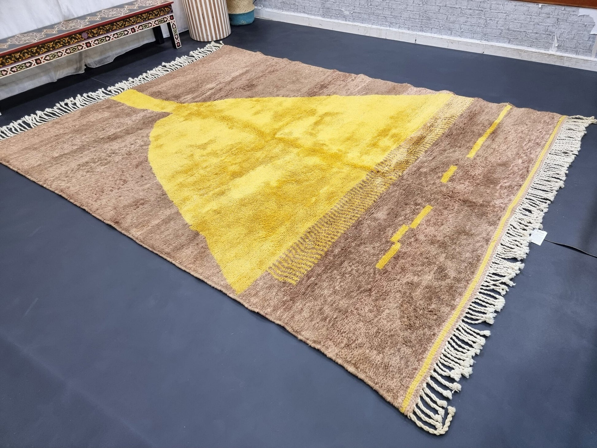 BENI MRIRT RUG 7X9, Handmade Moroccan Rug, Tribal Berber Carpet, Shag Wool Rug, Abstract Mrirt Rug, Brown & Yellow Rug, Beni Area Rugs.