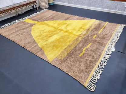 BENI MRIRT RUG 7X9, Handmade Moroccan Rug, Tribal Berber Carpet, Shag Wool Rug, Abstract Mrirt Rug, Brown & Yellow Rug, Beni Area Rugs.