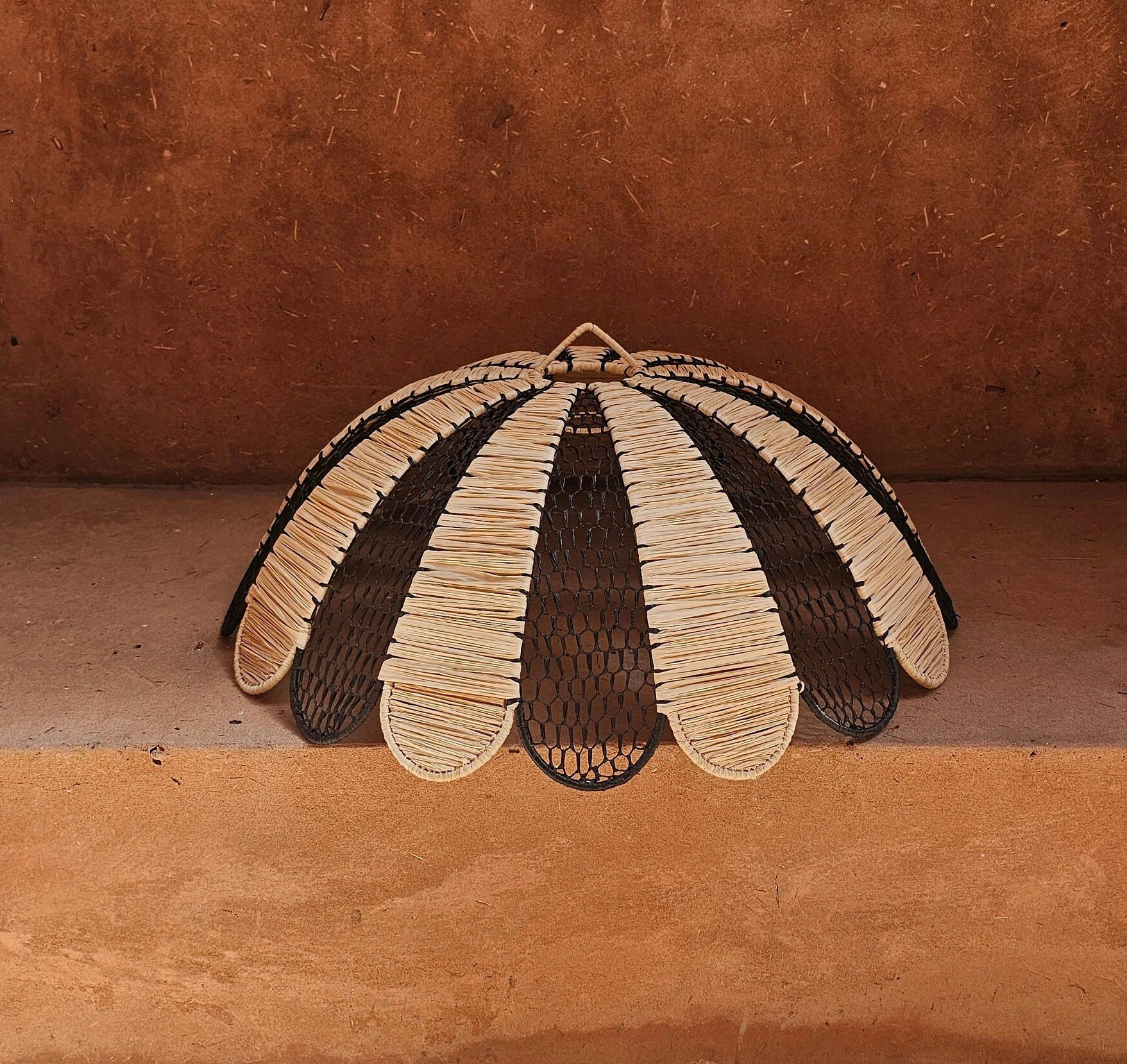 Raffia Pendant Light , Hanging Lamp Shade in Raffia Black and White