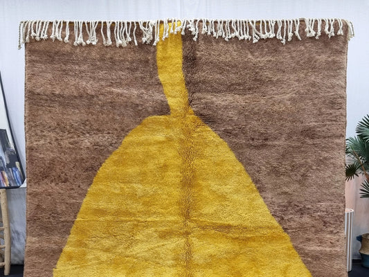 BENI MRIRT RUG 7X9, Handmade Moroccan Rug, Tribal Berber Carpet, Shag Wool Rug, Abstract Mrirt Rug, Brown & Yellow Rug, Beni Area Rugs.