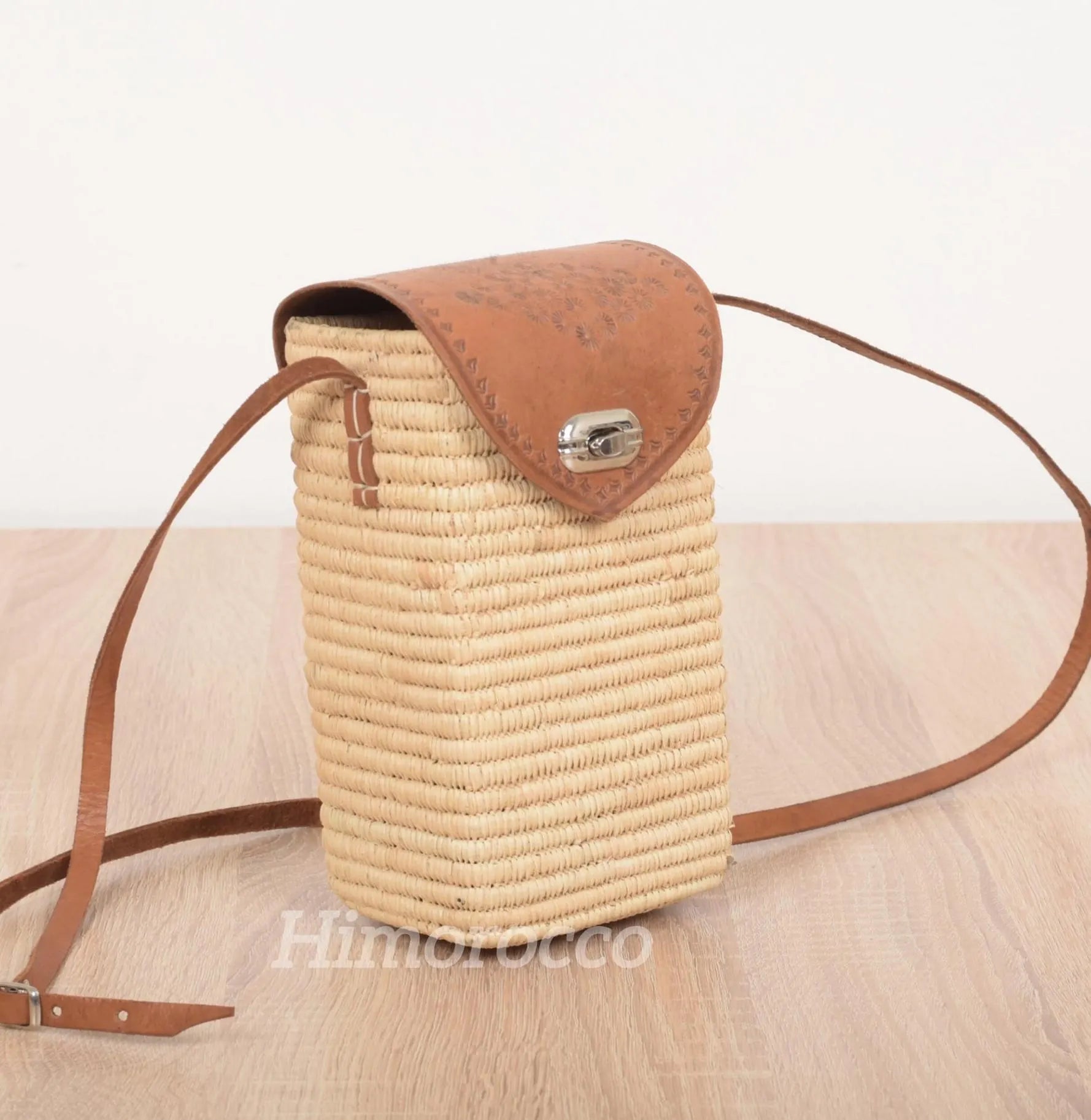 Woven Straw Bag with Leather Strap - Straw Crossbody Bag