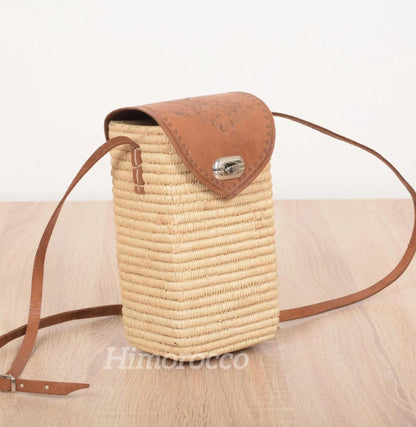 Woven Straw Bag with Leather Strap - Straw Crossbody Bag