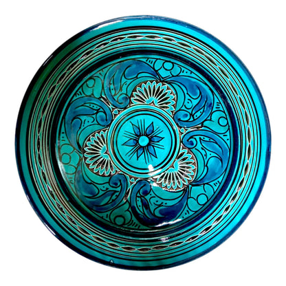 Moroccan Hand-Carved Pottery Plate: Artisanal 25Cm Serving Dish, Bohemian Decor Unique Kitchenware, Ethnic Home Decor, Traditional Artistry