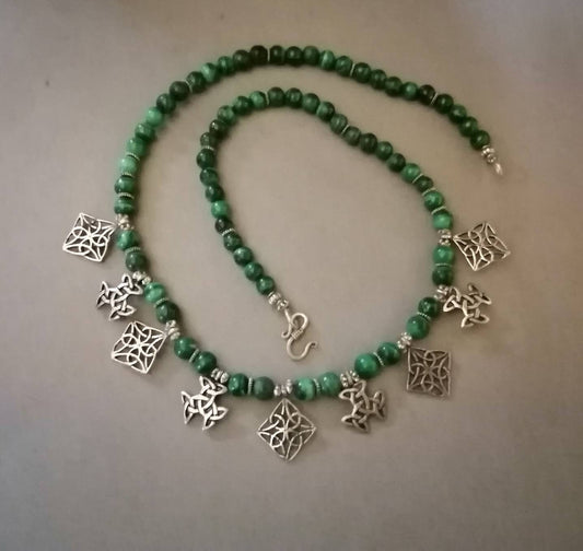 Berber Necklace in Malachite Pearls and Nine Small Old Sterling Silver Pendants. Berber Jewelry. Jewish Amulets. Berber Necklace