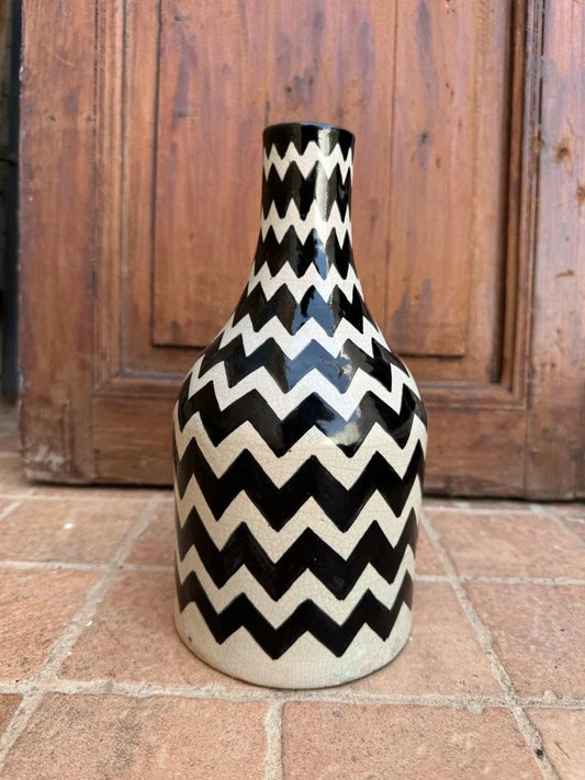 Authentic Hand-Painted Moroccan Ceramic Vase: Vintage Charm in Black & White - Handmade Décor for Your Home