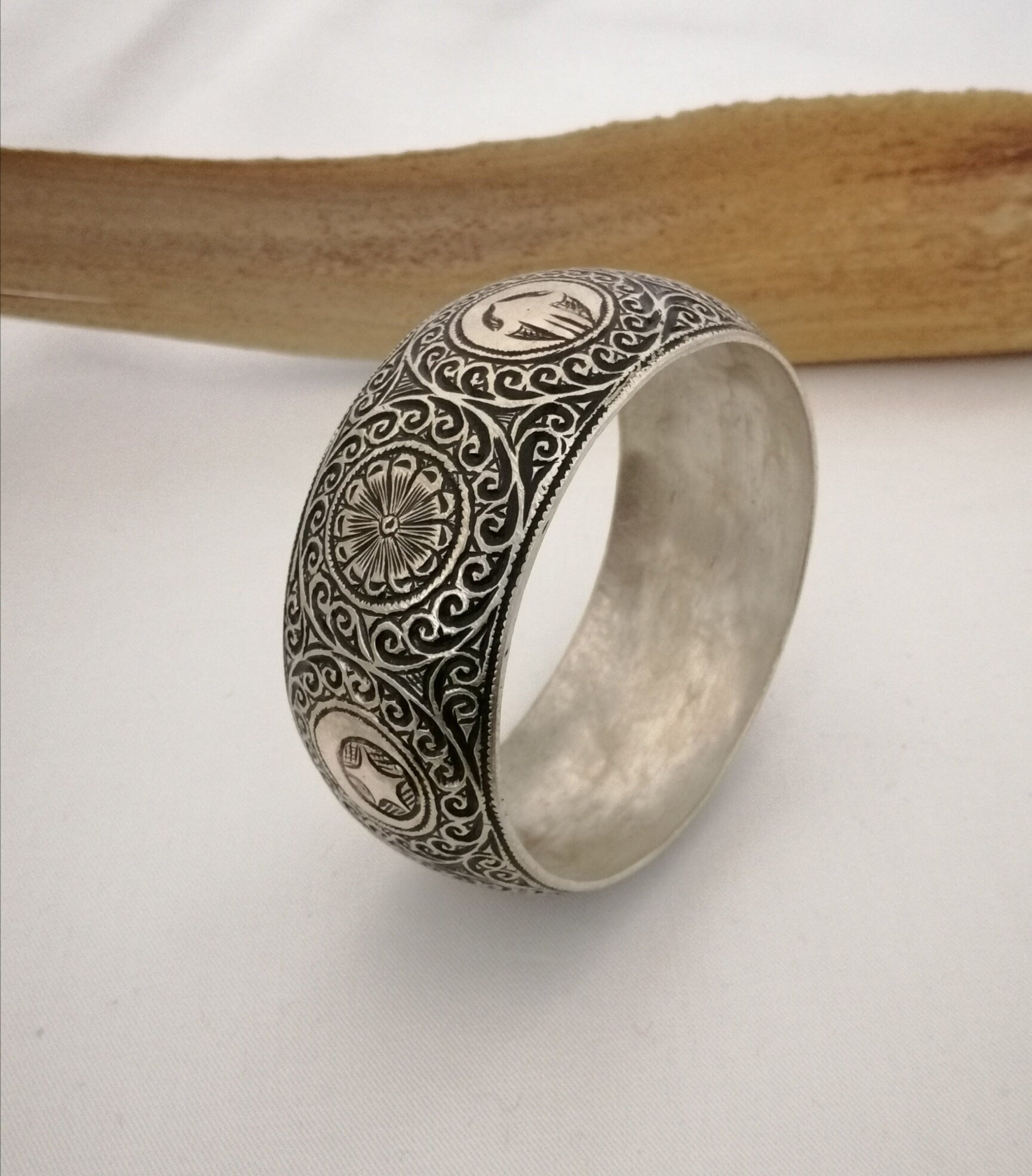 Deeply Hand Carved Vintage Berber Silver Bangle