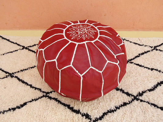 Stuffed Garnet Moroccan Leather Pouf - Handmade Genuine Leather - Ottoman Footstool Hassock - 100% Real Natural Leather Pouffe