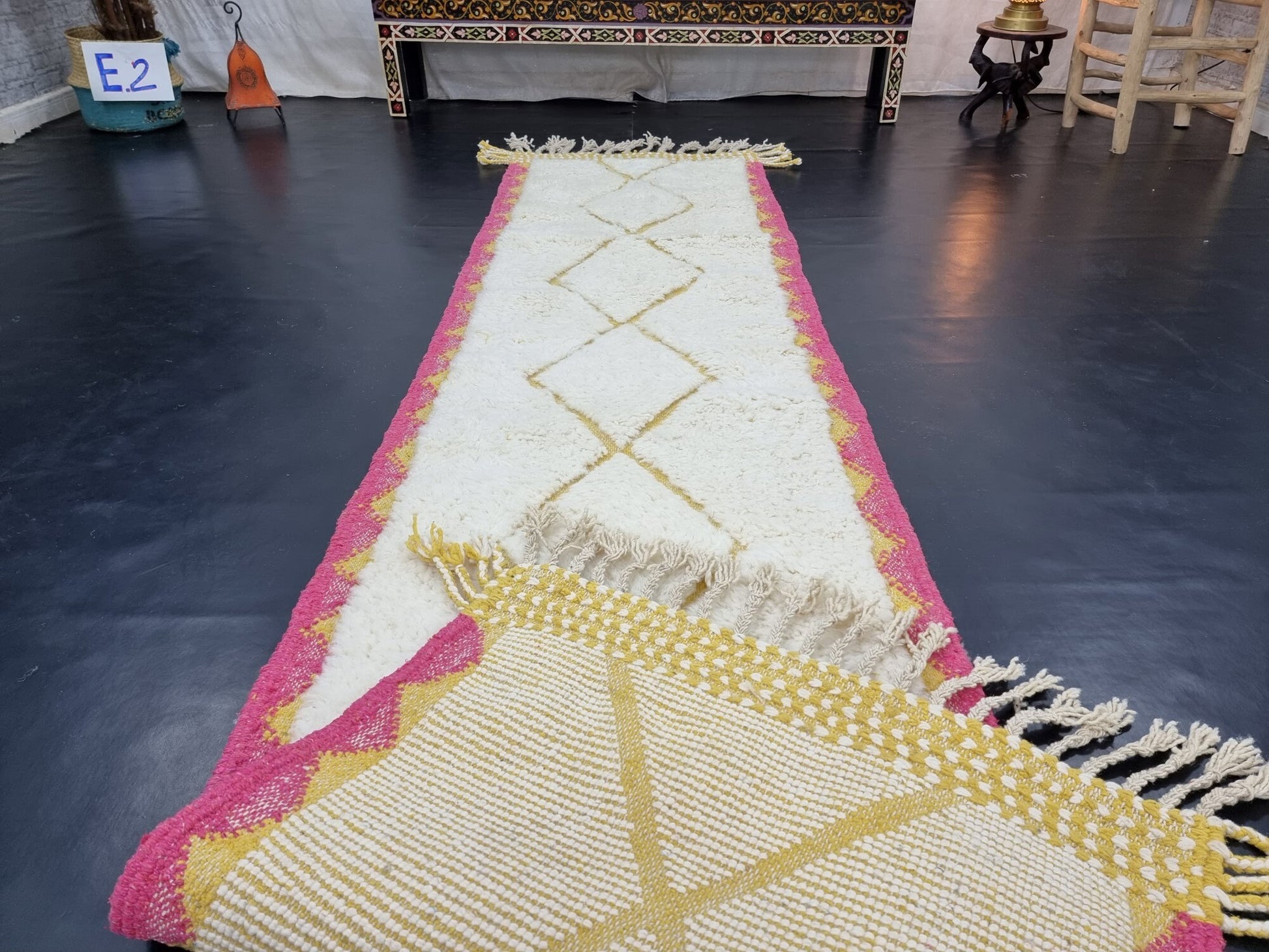 CUTE BENIOURAIN RUG, Handmade Rug 2X10, Pink & Mustard Runner Rug, Berber Wool Rug, Geometric Wool Rug, Runner Rug, Area Rug, Handwoven Rug