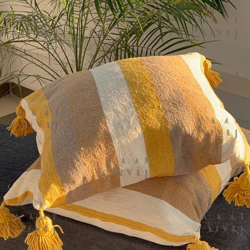 Artisan Cushion, Pompom Cushions, Square Pillow - Pillow Cover- Decorative Pillow -Set of 2 Handwoven Pillow -