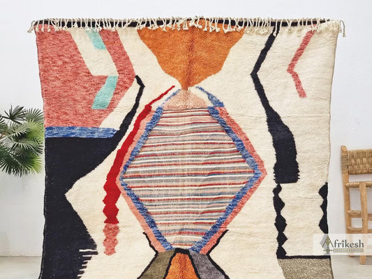HANDMADE MRIRT RUG, Stylish Moroccan Rug, Custom White & Orange Rug, Tufted Berber Carpet, Multicolor Area Rug, Shag Beni Mrirt Wool Rug.