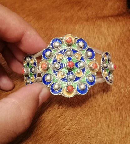 Enamel Flower Design Silver Cuff Bracelet