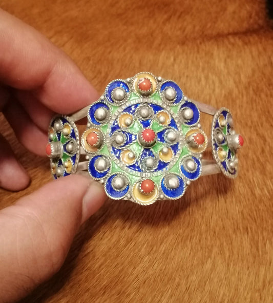Enamel Flower Design Silver Cuff Bracelet