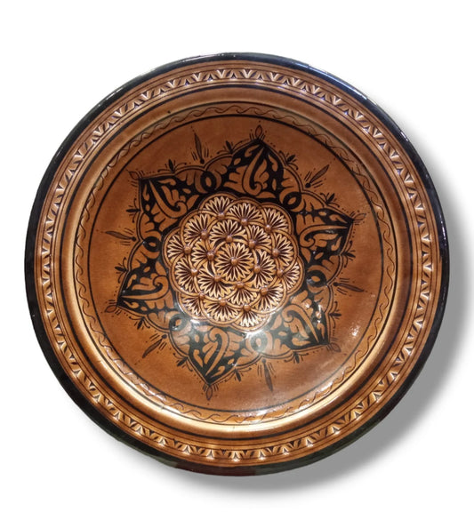 Moroccan Hand-Carved Pottery Plate: Artisanal 35Cm Serving Dish North African Heritage, Unique Kitchenware, Ethnic Home Decor Dinnerware
