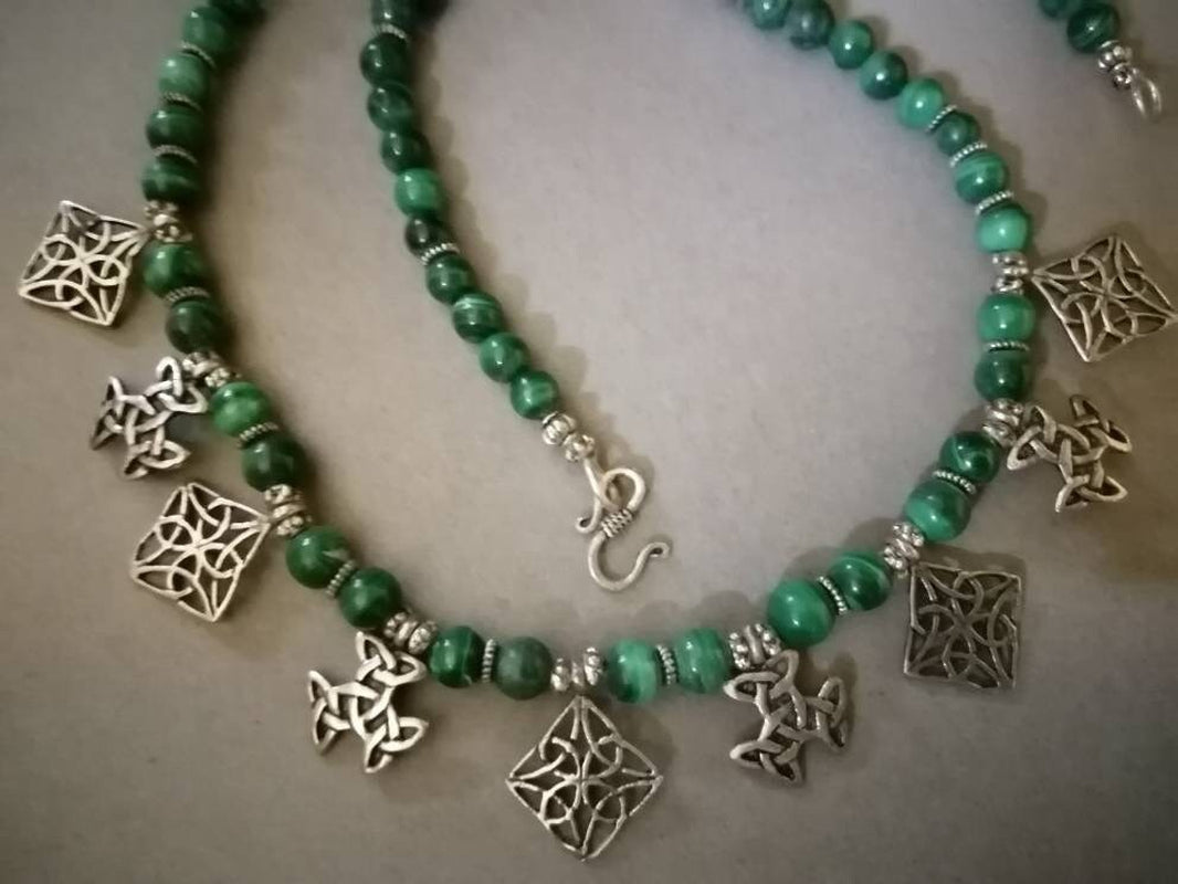 Berber Necklace in Malachite Pearls and Nine Small Old Sterling Silver Pendants. Berber Jewelry. Jewish Amulets. Berber Necklace