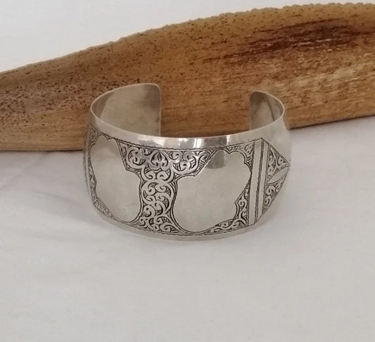Berber Tuareg Silver Cuff with Khamsas, Hand of Fatima and Carving.