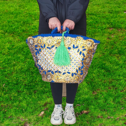 Colorful Moroccan Raffia Market Bag,Traditionlly Crafted Straw Basket