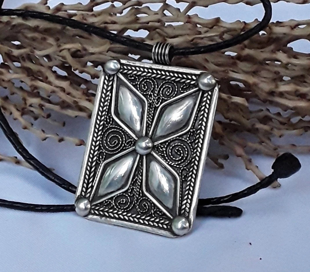 Bold Berber Silver Pendant with Geometric Reliefwork and Etching