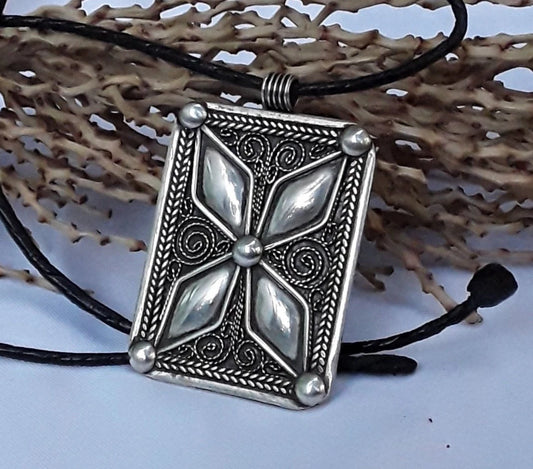 Bold Berber Silver Pendant with Geometric Reliefwork and Etching