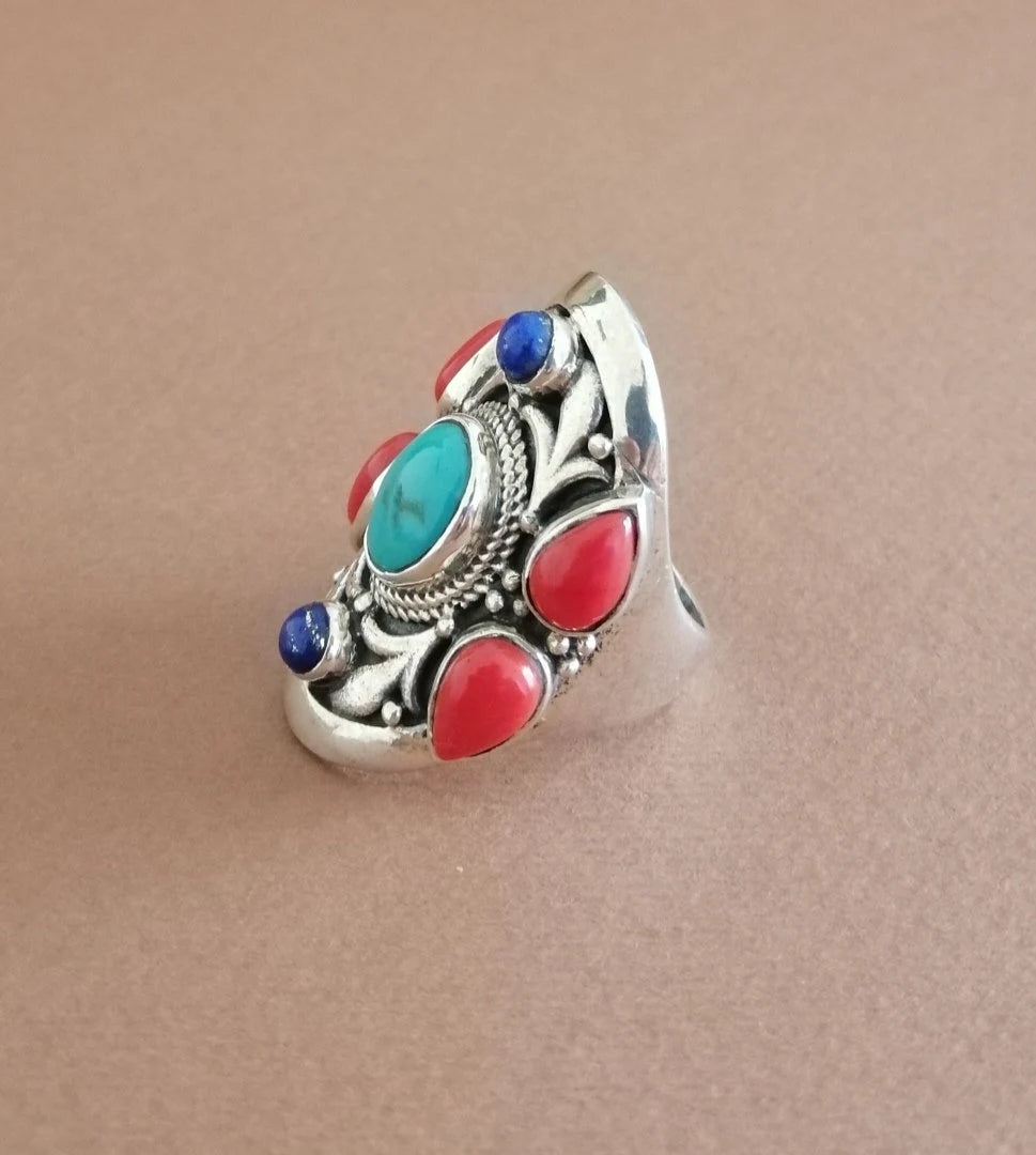 American Indian Turquoise Coral and Lapis Silver Ring