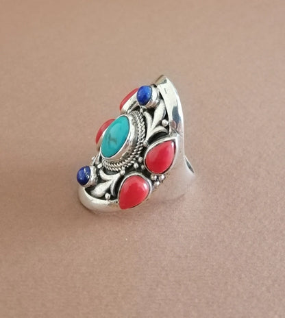 American Indian Turquoise Coral and Lapis Silver Ring