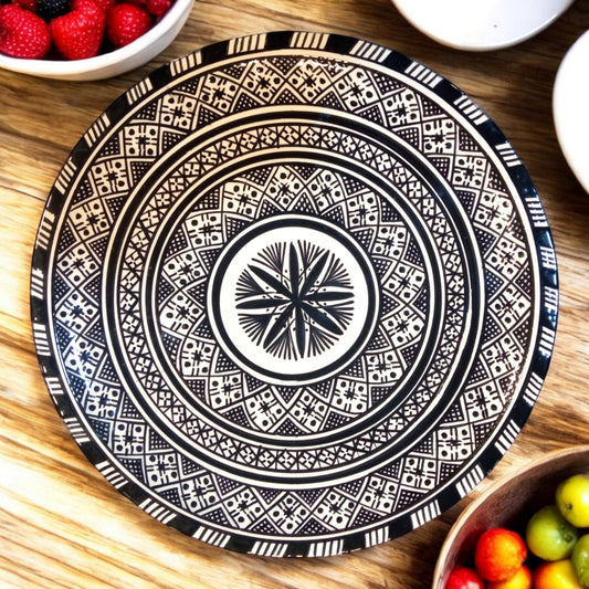 Large 35Cm Black and White Ceramic Flat Plate, Serving Plate, Moroccan Ceramic Plates, Tableware Serving Dishes Dishwasher & Microwave Safe