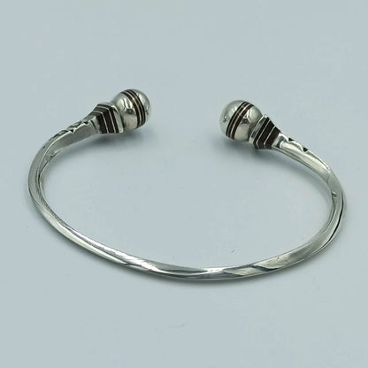 Men'S 925 Sterling Silver Handcrafted Adjustable Bracelet, Open Cuff 2-Ball Ended Engrave Design Boho Bangle