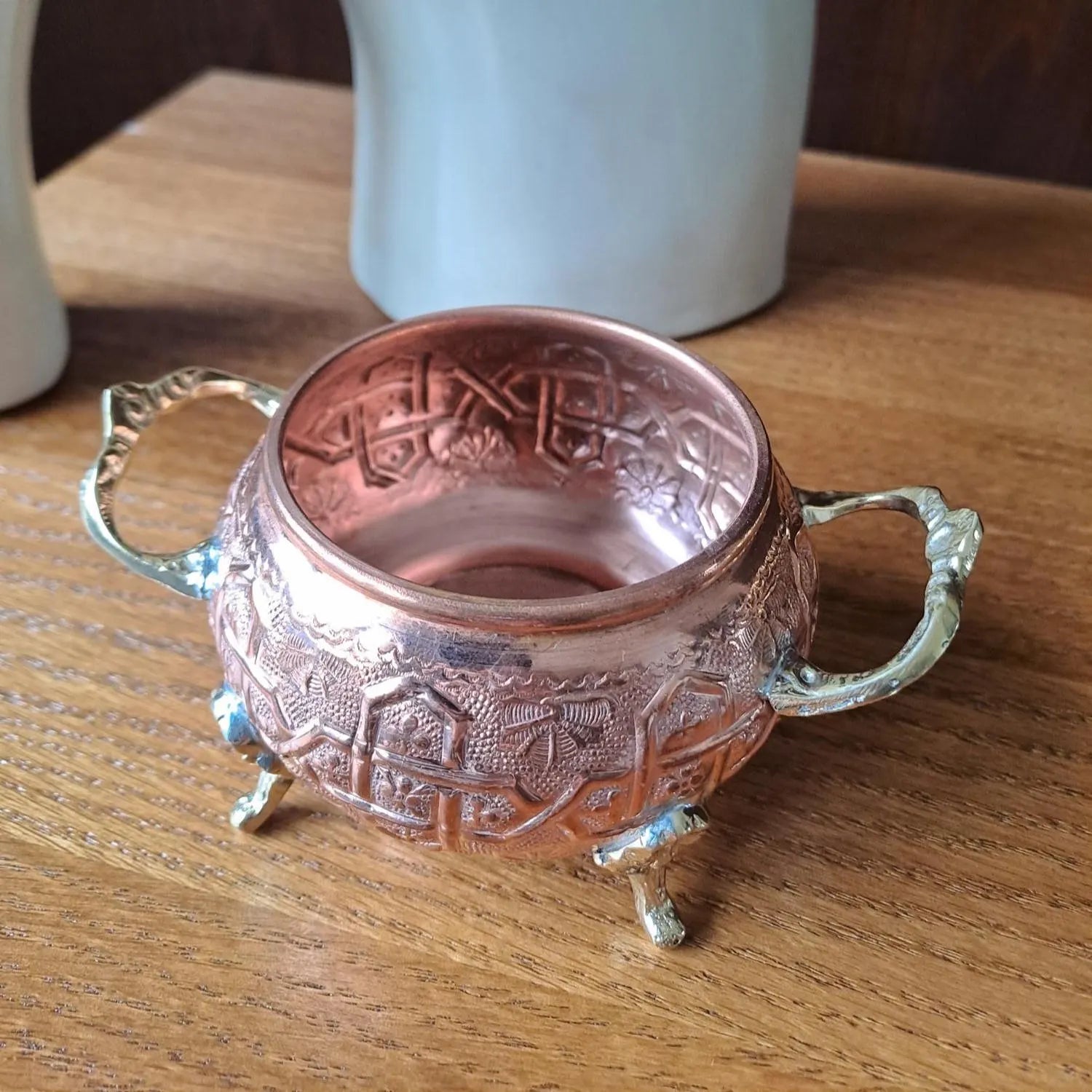 Handcrafted Copper Sugar Bowl with Lid & Brass Handles – Moroccan Kitchen Decor – Footed Copper Candy Dish – Artisan Gift Idea