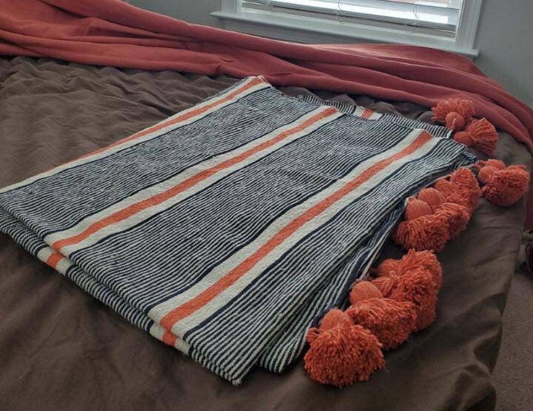 FREE Shipping-Navy + Cream + Orange - Pom Blankets-Bed Spread-Moroccan Throw -Cotton Moroccan Bedding-Throw Blankets-Berber Moroccan Decor.