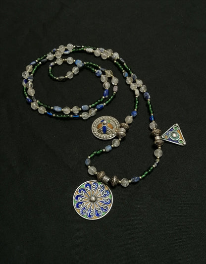 Long Single Strand Glass and Stone Beads with 3 Berber Enamel Amulets