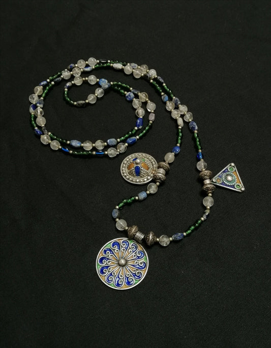 Long Single Strand Glass and Stone Beads with 3 Berber Enamel Amulets
