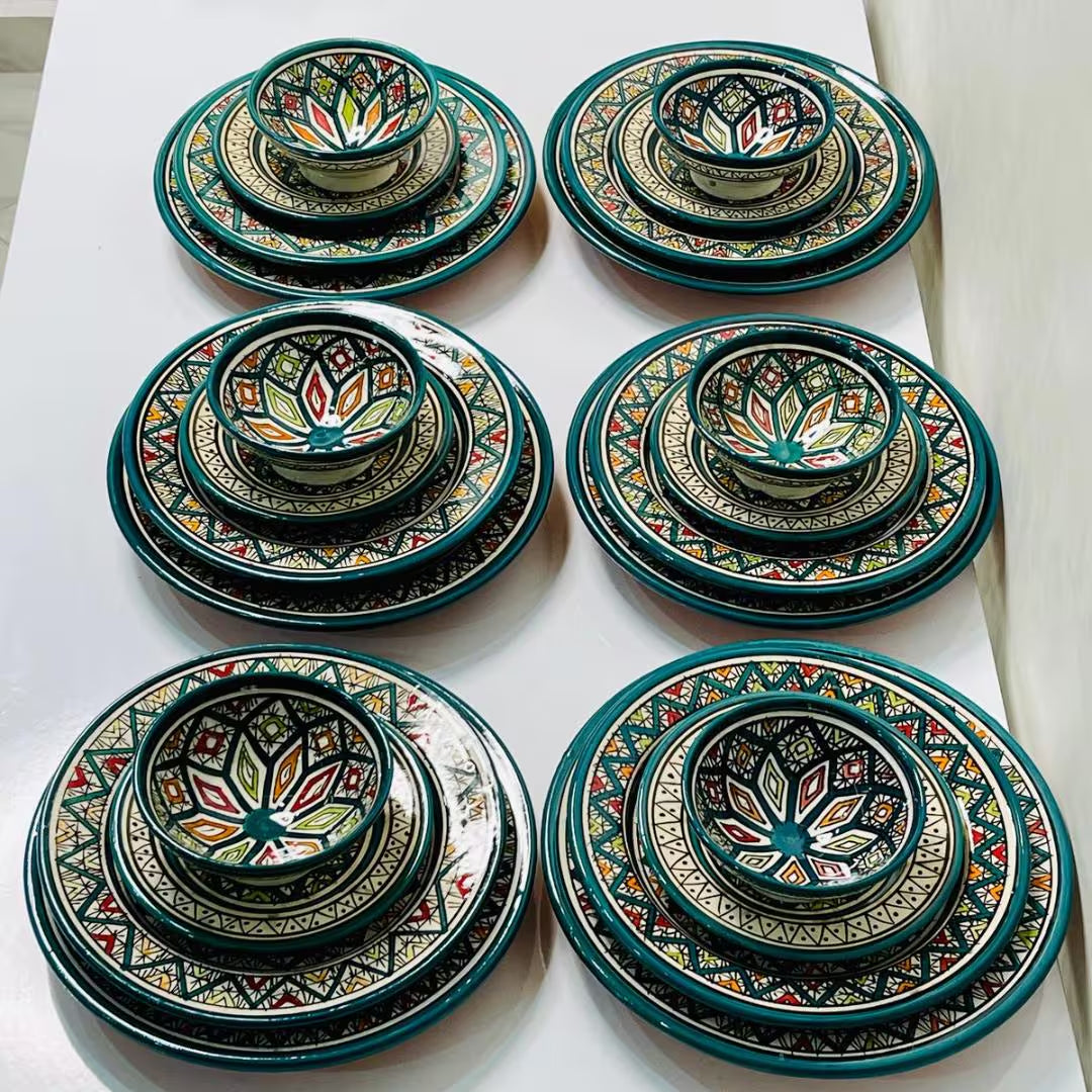 Authentic Moroccan Hand Painted Ceramic Dinnerware Set, Green Handmade Serving Set, Tableware Collection, Dinnerware Set