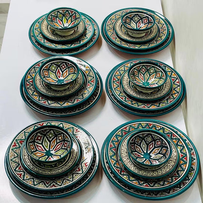 Authentic Moroccan Hand Painted Ceramic Dinnerware Set, Green Handmade Serving Set, Tableware Collection, Dinnerware Set