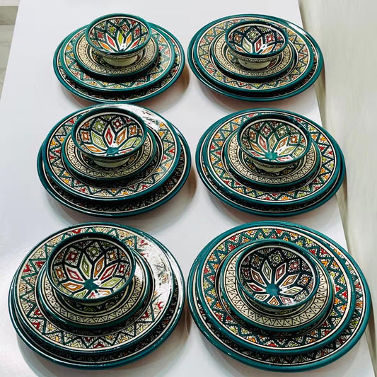 Authentic Moroccan Hand Painted Ceramic Dinnerware Set, Green Handmade Serving Set, Tableware Collection, Dinnerware Set