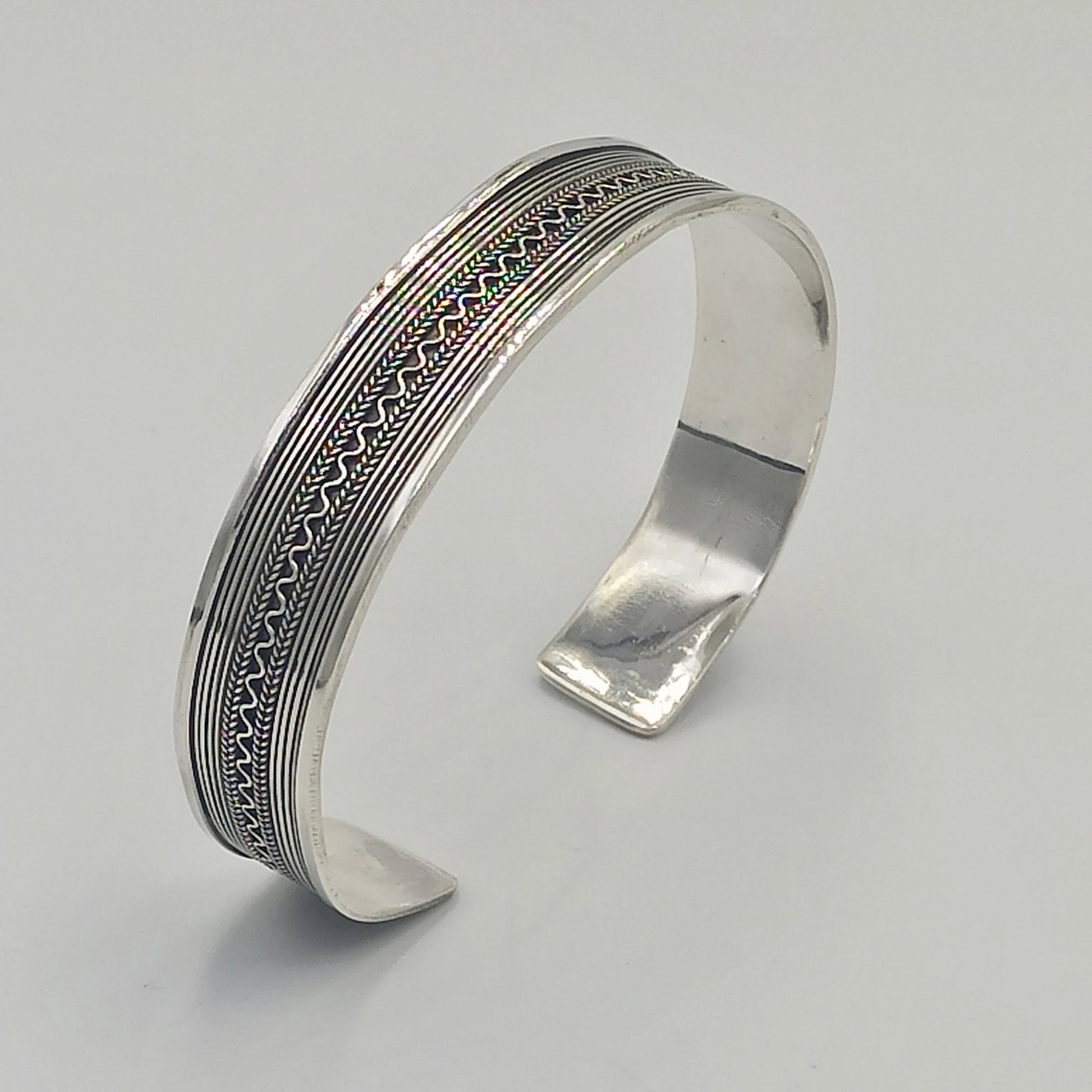 Bangle Bracelet 925 Sterling Silver Open Charm, Fine Jewelry Cuff Bracelet, Bracelet Decorated with Silver Wires, Handmade in Tiznit Morocco